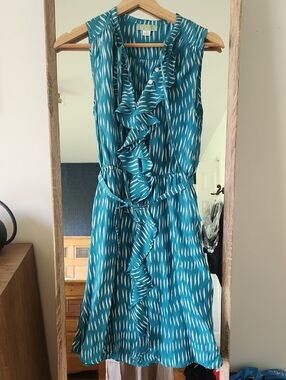 Anthropologie Sleeveless Teal Ruffle Tie-Waist Silk  Dress